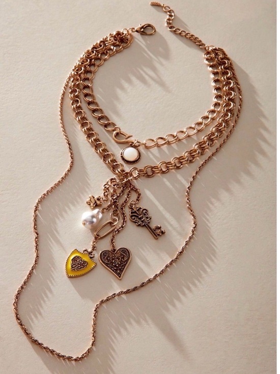 Free People Jewelry - Free people Tate Layered Gold Charm Necklace with Heart, Key & Pearl